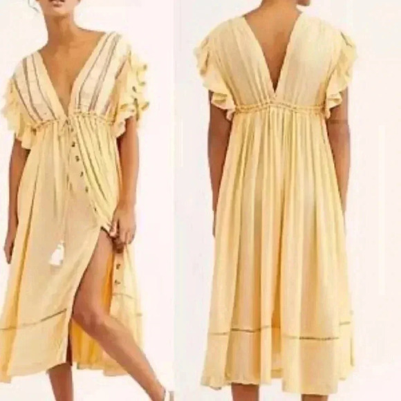 Free People Embroidered Tassel V-Neck Midi Dress Ruffle Sleeve Yellow Size S - Picture 1 of 10